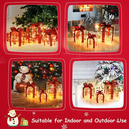 Lighted Gift Boxes Christmas Decoration, Set of 3 White Present Ornament Boxes with 60 LED Lights - DreamadeUS