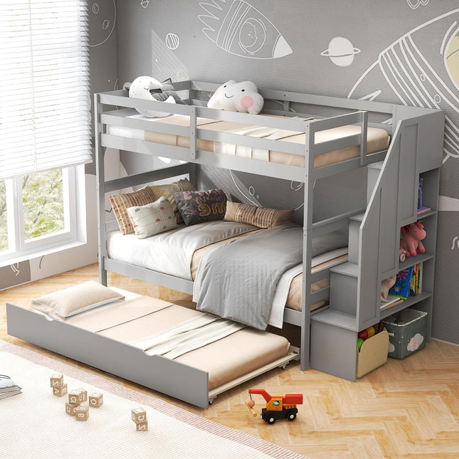 Dreamade Twin Over Twin Bunk Bed with Trundle and Storage Stairs, Solid Wood Bunk Bed Convertible 3 Bed Frames for Bedroom