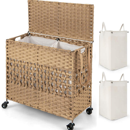 Dreamade Laundry Hamper with Wheels and Lid, 33 Gal (125L) Wicker Laundry Basket, 2 Removable Liner Bags