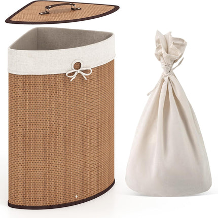 Dreamade Corner Laundry Hamper with Lid, Bamboo Laundry Basket with Removable Liner and Handle