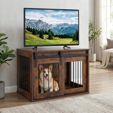 Dreamade 31.5" Dog Crate Furniture with Sliding Barn Door, Wooden Dog Kennel | Heavy Duty Wood Pet Cage End Side Table