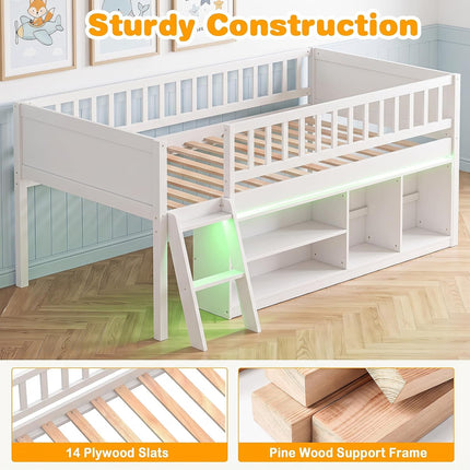 Dreamade Low Loft Bed Twin Size with LED Lights
