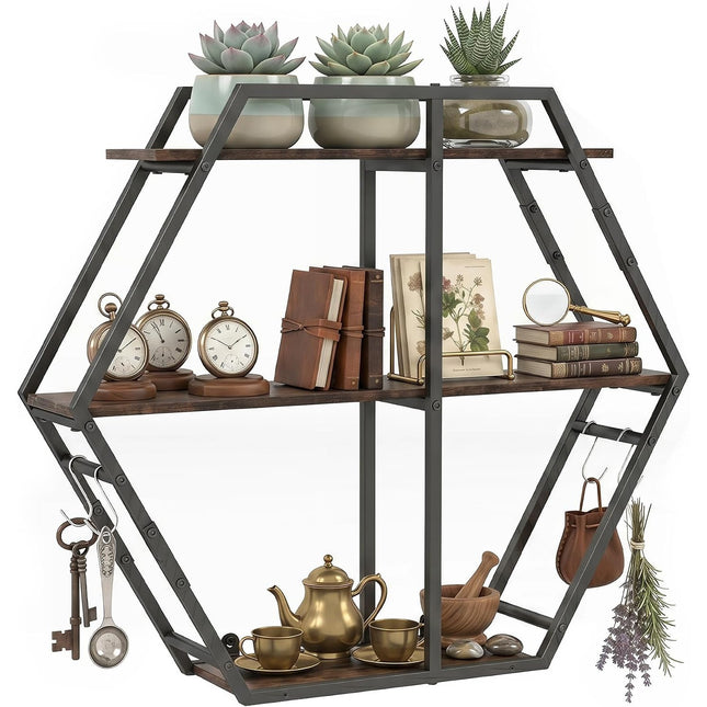Dreamade Industrial Hexagon Wall Shelf with 3-Tier Storage Shelves & 4 Hooks | Decorative Wall Display Rack Unit with Metal Frame