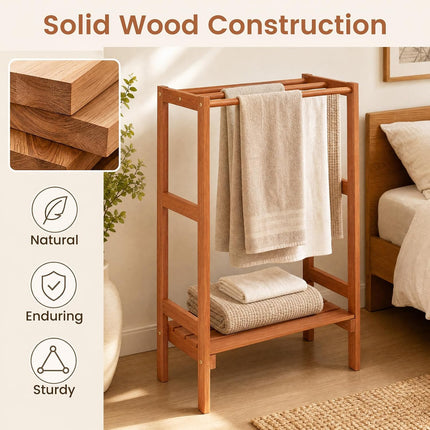Dreamade 3-Bar Wood Towel Rack Freestanding with Bottom Storage Shelf | Wooden Towel Drying Stand