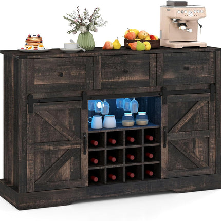 Dreamade Wine Bar Cabinet with LED Lights 52" Buffet Sideboard w/Sliding Barn Door 3 Drawer