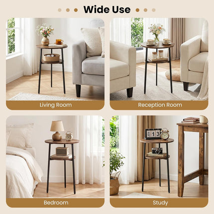 Dreamade Round Side Table, 2-Tier End Table w/Metal Frame | Accent Nightstand Bedside Table w/ Storage Shelf for Small Space Sofa Couch Side