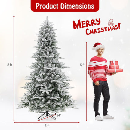Dreamade 6/7/8 ft Pre-Lit Snow Flocked Christmas Tree, Artificial Hinged Xmas Tree with 661/1119/1447 PVC & PE Tips