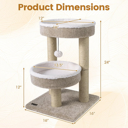 DREAMADE 24-Inch Small Cat Tree with 2 Plush Perches & Jute Posts