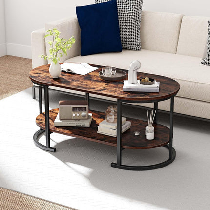 Dreamade 2-Tier Coffee Table Oval Center Table with Wood Grain Top & Open Storage Shelf