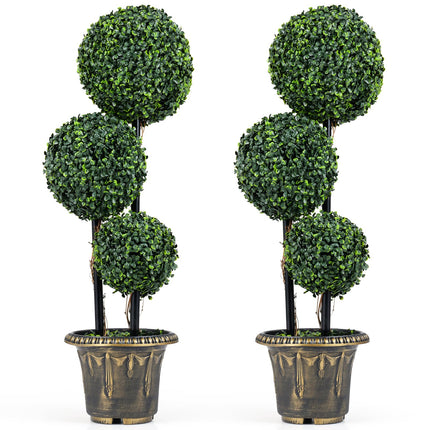 Dreamade 3 FT Artificial Boxwood Topiary Tree Sun-Protective Triple Ball Fake Plants Shrubs (1/2 Pack)