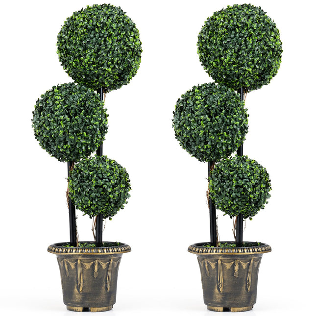 Dreamade 3 FT Artificial Boxwood Topiary Tree Sun-Protective Triple Ball Fake Plants Shrubs (1/2 Pack)