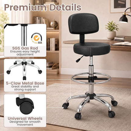 Dreamade Drafting Chair with Back, Adjustable Foot Rolling Stool with Wheels | PVC Leather Tall Office Chair w/ Thickened Cushion