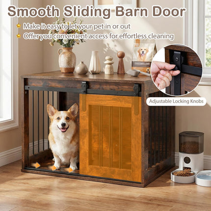 Dreamade 31.5" Dog Crate Furniture with Sliding Barn Door, Wooden Dog Kennel | Heavy Duty Wood Pet Cage End Side Table