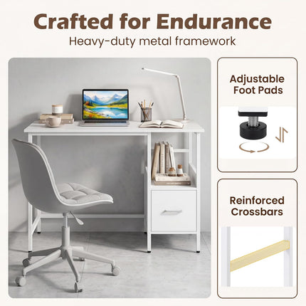 Dreamade White Computer Desk, Writing Desk w/Open Shelf and Storage Drawer
