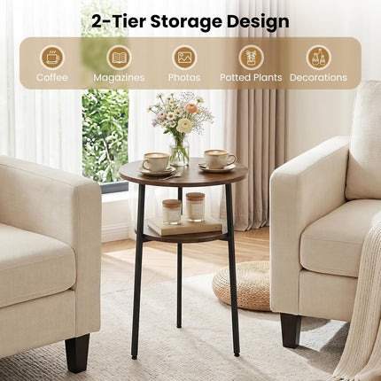 Dreamade Round Side Table, 2-Tier End Table w/Metal Frame | Accent Nightstand Bedside Table w/ Storage Shelf for Small Space Sofa Couch Side
