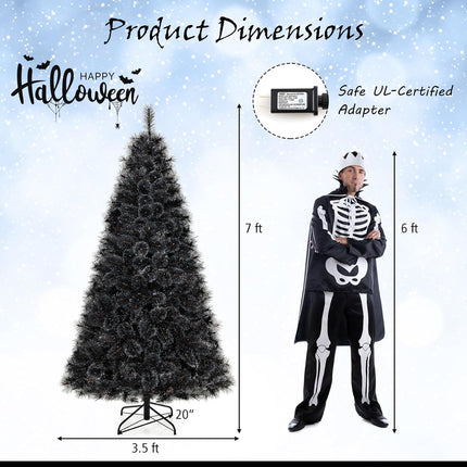 Dreamade 6/7/8 ft Pre-Lit Black Halloween Christmas Tree, Artificial Hinged Xmas Full Tree with 362/572/860 Pine Needles & PVC Branch Tips