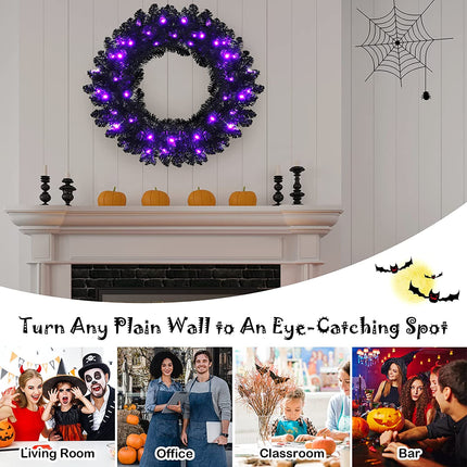 24' Black Halloween Wreath, Pre-lit Artificial Christmas Wreath - DreamadeUS