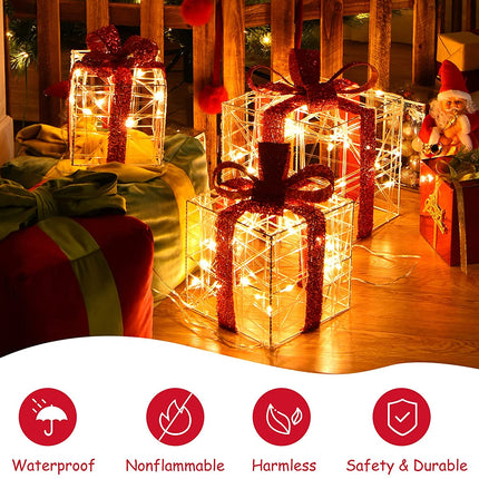 Lighted Gift Boxes Christmas Decoration, Set of 3 White Present Ornament Boxes with 60 LED Lights - DreamadeUS