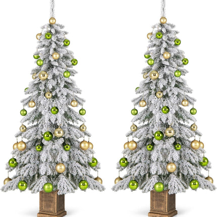 Dreamade 6ft Snow Flocked Christmas Tree for Entrances, Hinged Artificial Potted Xmas Tree with 48 Ball Ornaments