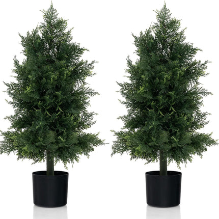 Dreamade 31.5'' Artificial Cedar Topiary Trees for Outdoors, Potted Fake Cypress Trees with Cement Plastic Pot