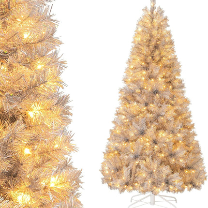 Dreamade 5ft / 6ft / 7 ft Pre-Lit Silver Tinsel Christmas Tree with Warm White LED Lights