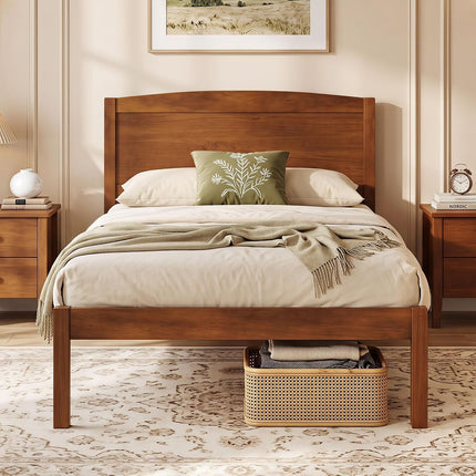 Dreamade Wooden Bed Frame with Curved Headboard, Wood Slat Support | Farmhouse Platform Bed w/Heavy Duty Mattress Foundation