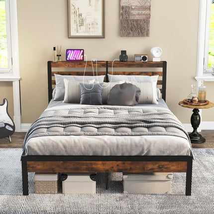 Dreamade Queen Metal Platform Bed Frame with Wooden Headboard & Footboard, Rustic Brown