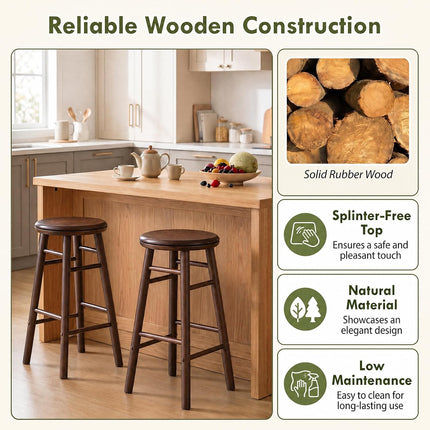 Dreamade 24 Inch Swivel Bar Stools Set of 2, Rubber Wood, Walnut | Round Bar Chairs w/Backless Design