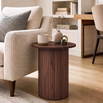 Dreamade Round Side Table, Fluted Mid Century Modern Drum End Table | 22.5‘’ Wooden Pedestal Accent Nightstand for Bedroom