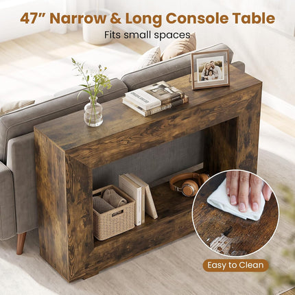 Dreamade 47" Farmhouse Console Table, 2-Tier Entryway Table | Wooden Narrow Sofa Table Behind Couch with Open Storage Shelf for Living Room
