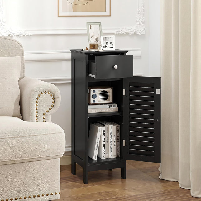 Dreamade Bathroom Floor Storage Cabinet with Door and Drawer, Black | Freestanding Side Cabinet with 3-Height Adjustable Shelf