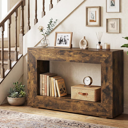 Dreamade 47" Farmhouse Console Table, 2-Tier Entryway Table | Wooden Narrow Sofa Table Behind Couch with Open Storage Shelf for Living Room
