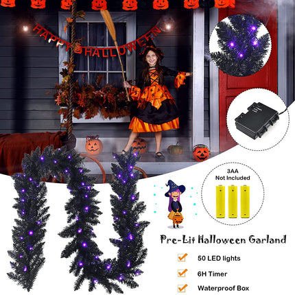9FT Black Halloween Garland with Lights - DreamadeUS