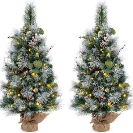 Dreamade 3ft Pre-Lit Mini Tabletop Christmas Tree with 30 Warm White LED Lights, Timer, 98 Flocked PVC & Pine Needles