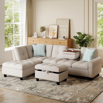 Dreamade 98 Inches Sectional Sofa Couch with Movable Storage Ottoman and Linen Fabric Backs
