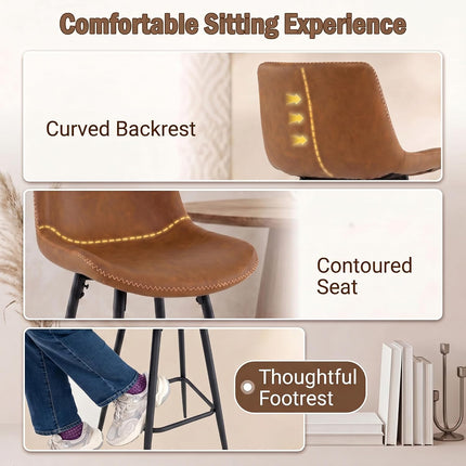 Dreamade 24 Inch Faux Leather Upholstered Bar Stools Set of 2 | Counter Height Barstool with Backs & Footrests