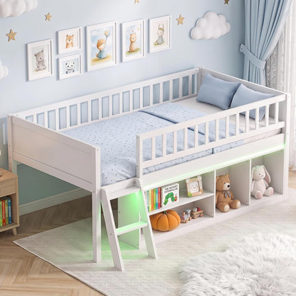 Dreamade Low Loft Bed Twin Size with LED Lights