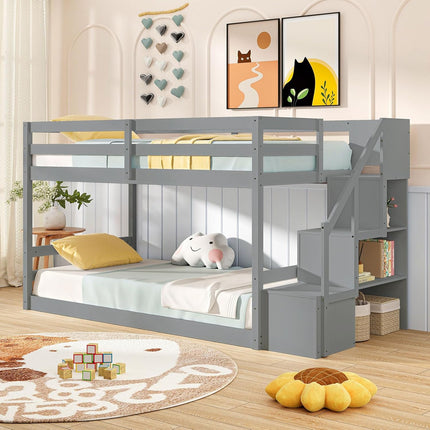 Dreamade Bunk Bed with Stairs, Solid Wood Floor Bunk Bed with Storage Staircase & Full-Length Guardrails