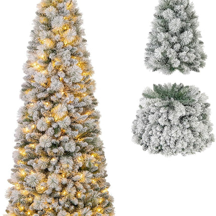 Dreamade 6ft / 7ft Pre-Lit Pop Up Christmas Tree Collapsible Snow Flocked Artificial Xmas Tree