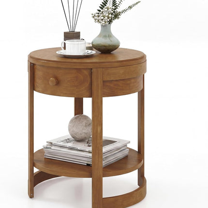 Dreamade Round Side Tables Set of 1/2 | 2-Tier Retro End Tables with Drawer & Shelf