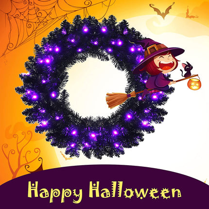 24' Black Halloween Wreath, Pre-lit Artificial Christmas Wreath - DreamadeUS
