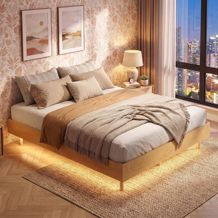 Dreamade Wood Floating Bed Frame Queen Size with Smart LED Light, Natural | Modern Platform Bed w/Heavy Duty Mattress Foundation