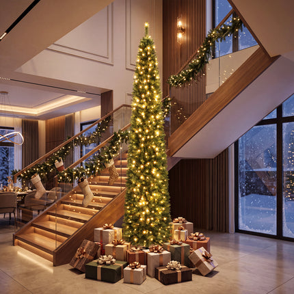 5ft Prelit Pencil Christmas Tree, Artificial Slim Xmas Tree with 150 Warm White LED Lights & 296 Full Branches