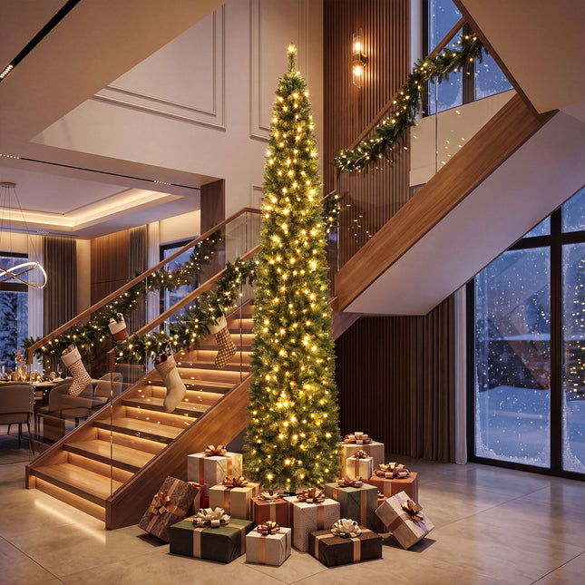 5ft Prelit Pencil Christmas Tree, Artificial Slim Xmas Tree with 150 Warm White LED Lights & 296 Full Branches