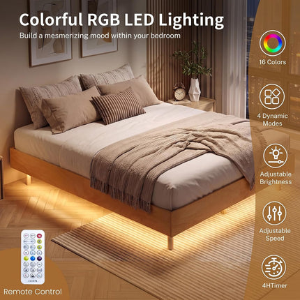 Dreamade Wood Floating Bed Frame Queen Size with Smart LED Light, Natural | Modern Platform Bed w/Heavy Duty Mattress Foundation