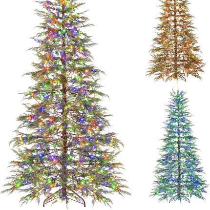 Dreamade 6.5FT / 7.5FT Pre-Lit Hinged Sparse Xmas Fir Tree with Multicolored LED Lights