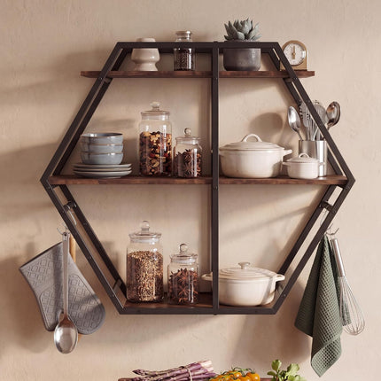 Dreamade Industrial Hexagon Wall Shelf with 3-Tier Storage Shelves & 4 Hooks | Decorative Wall Display Rack Unit with Metal Frame