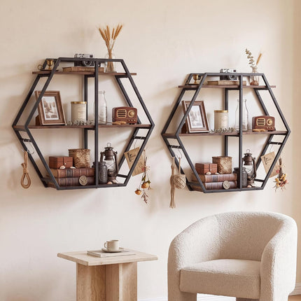 Dreamade Industrial Hexagon Wall Shelf with 3-Tier Storage Shelves & 4 Hooks | Decorative Wall Display Rack Unit with Metal Frame