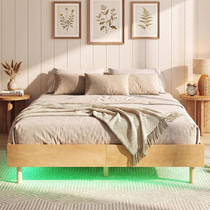 Dreamade Wood Floating Bed Frame Queen Size with Smart LED Light, Natural | Modern Platform Bed w/Heavy Duty Mattress Foundation
