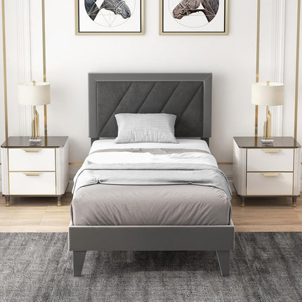 Dreamade Full Size Velvet Bed Frame with Headboard, Modern Upholstered Platform Bed, No Box Spring Needed, Black & Gray